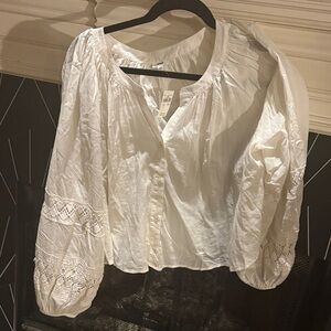 Aerie Cream Button-Up Blouse with Embroidered Sleeves